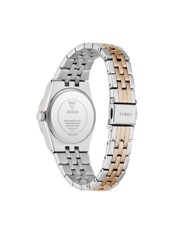 Guess VERA ženski sat u kombinaciji srebra i roze zlata sa belim sunray brojčanikom. Prečnik 32 mm i prikaz datuma. Naruči online!