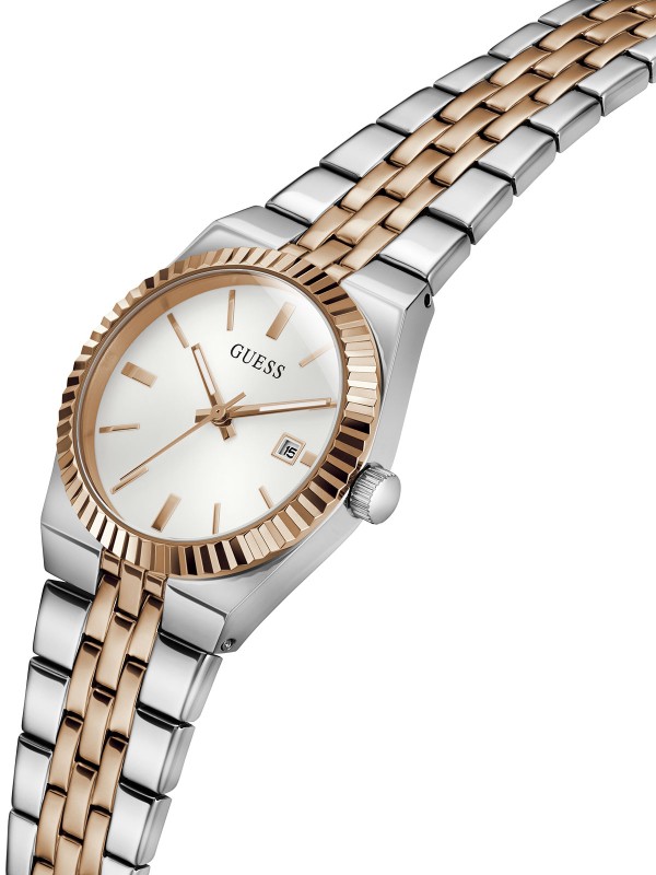 Guess VERA ženski sat u kombinaciji srebra i roze zlata sa belim sunray brojčanikom. Prečnik 32 mm i prikaz datuma. Naruči online!