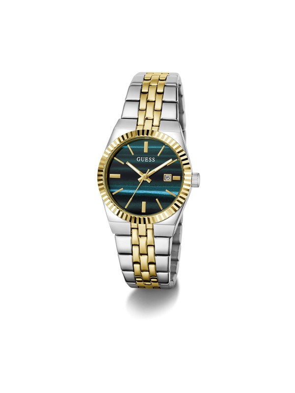 Guess VERA ženski sat u kombinaciji srebra i žutog zlata sa zelenim brojčanikom inspirisanim malahitom. Prečnik 32 mm. Naruči online!
