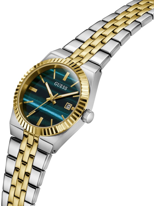 Guess VERA ženski sat u kombinaciji srebra i žutog zlata sa zelenim brojčanikom inspirisanim malahitom. Prečnik 32 mm. Naruči online!