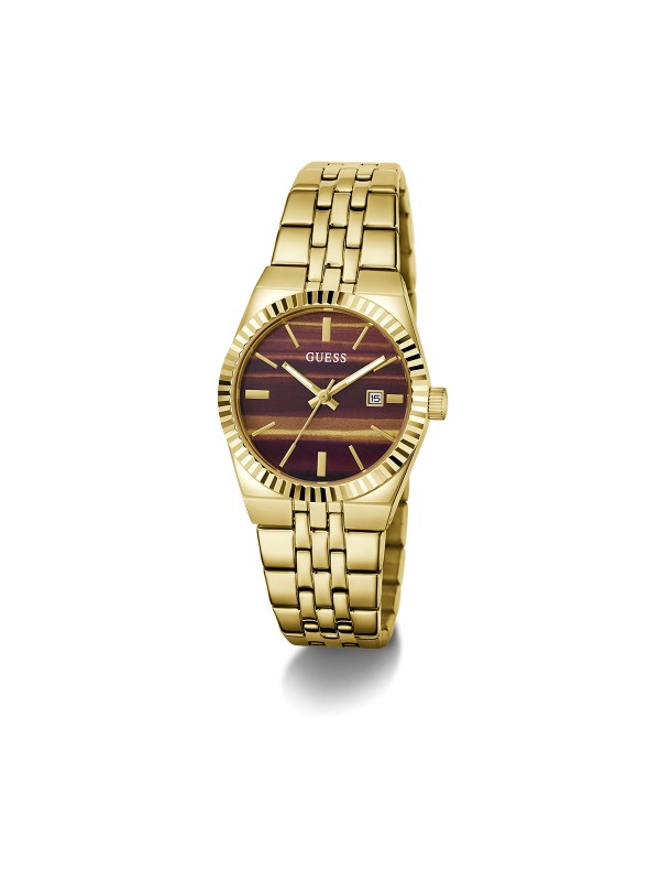 Guess VERA ženski sat u boji žutog zlata sa braon brojčanikom inspirisanim tigrovim okom. Prečnik 32 mm i elegantan dizajn. Naruči online!