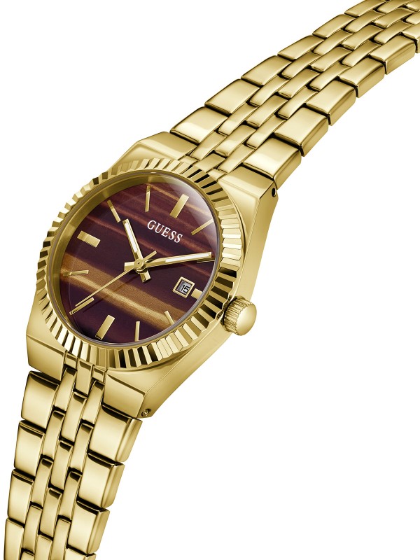 Guess VERA ženski sat u boji žutog zlata sa braon brojčanikom inspirisanim tigrovim okom. Prečnik 32 mm i elegantan dizajn. Naruči online!