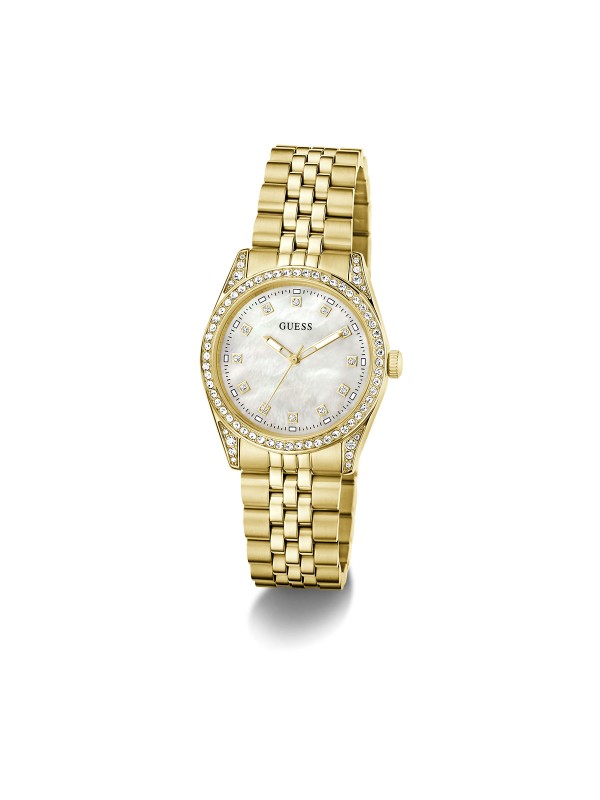 Guess JADA ženski sat u boji žutog zlata sa sedefastim brojčanikom i cirkonima. Prečnik 34 mm i elegantan dizajn. Naruči online!