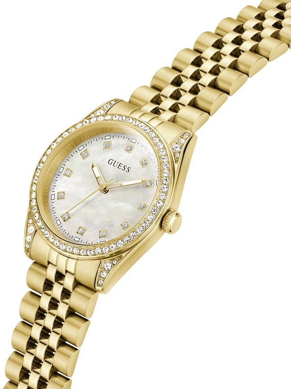 Guess JADA ženski sat u boji žutog zlata sa sedefastim brojčanikom i cirkonima. Prečnik 34 mm i elegantan dizajn. Naruči online!