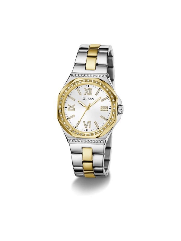 Guess Empress ženski sat u kombinaciji srebra i žutog zlata sa belim brojčanikom i rimskim brojevima. Osmougaono kućište 34 mm. Naruči online!