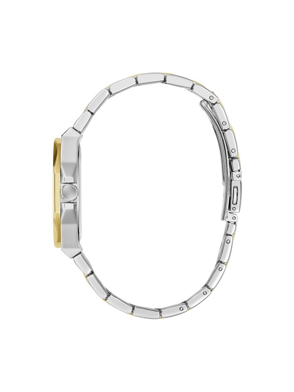 Guess Empress ženski sat u kombinaciji srebra i žutog zlata sa belim brojčanikom i rimskim brojevima. Osmougaono kućište 34 mm. Naruči online!