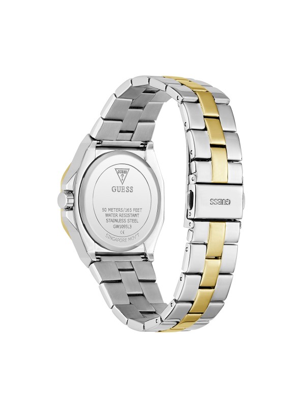 Guess Empress ženski sat u kombinaciji srebra i žutog zlata sa belim brojčanikom i rimskim brojevima. Osmougaono kućište 34 mm. Naruči online!