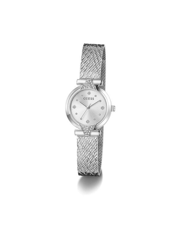 Guess LOUISA ženski sat u srebrnoj boji sa sunray brojčanikom, cirkonima i mesh narukvicom. Elegantan i glamurozan dizajn. Naruči online!