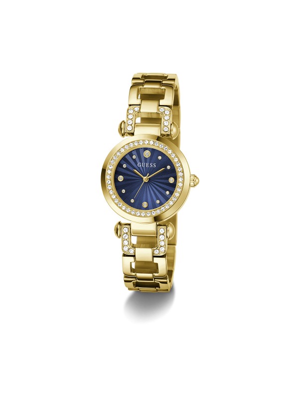 Guess GINGER ženski sat u boji žutog zlata sa plavim sunray brojčanikom i cirkonima. Prečnik 30 mm i kvarcni mehanizam. Naruči online!
