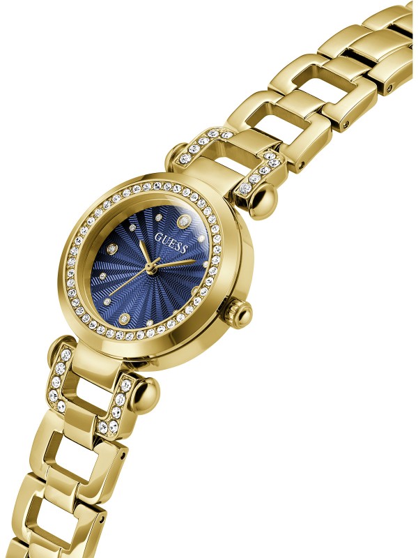 Guess GINGER ženski sat u boji žutog zlata sa plavim sunray brojčanikom i cirkonima. Prečnik 30 mm i kvarcni mehanizam. Naruči online!