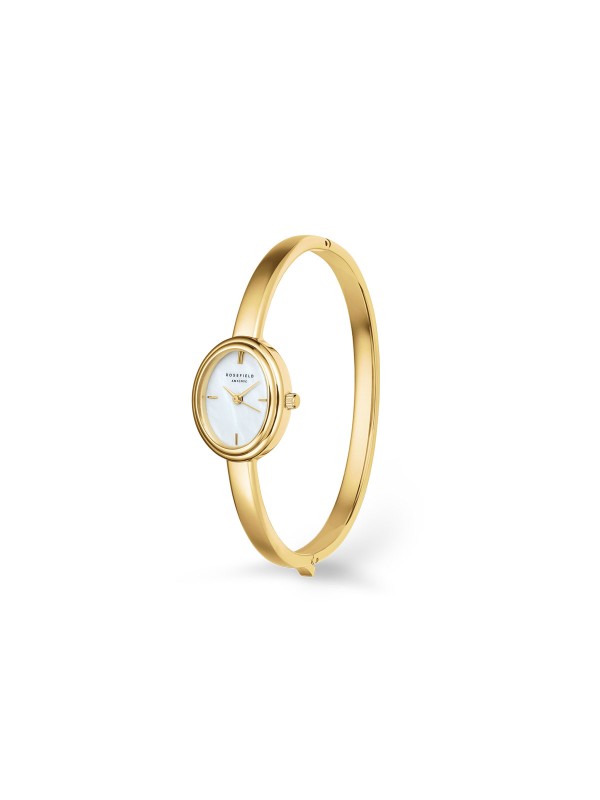 Ženska Rosefield BANGLE narukvica u boji žutog zlata sa elegantnim ovalnim dizajnom i belim sedefom. Naruči online!
