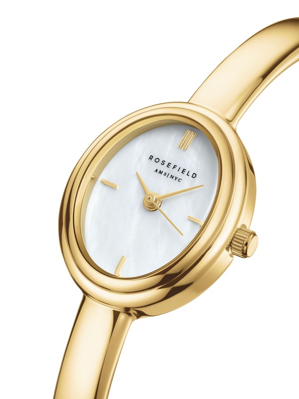 Ženska Rosefield BANGLE narukvica u boji žutog zlata sa elegantnim ovalnim dizajnom i belim sedefom. Naruči online!