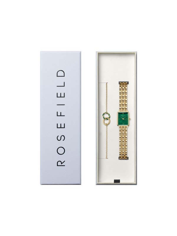 Ženski Rosefield Octagon XS BOX SET sa satom i narukvicom u boji žutog zlata. Zeleni brojčanik i moderan elegantan dizajn. Naruči online!