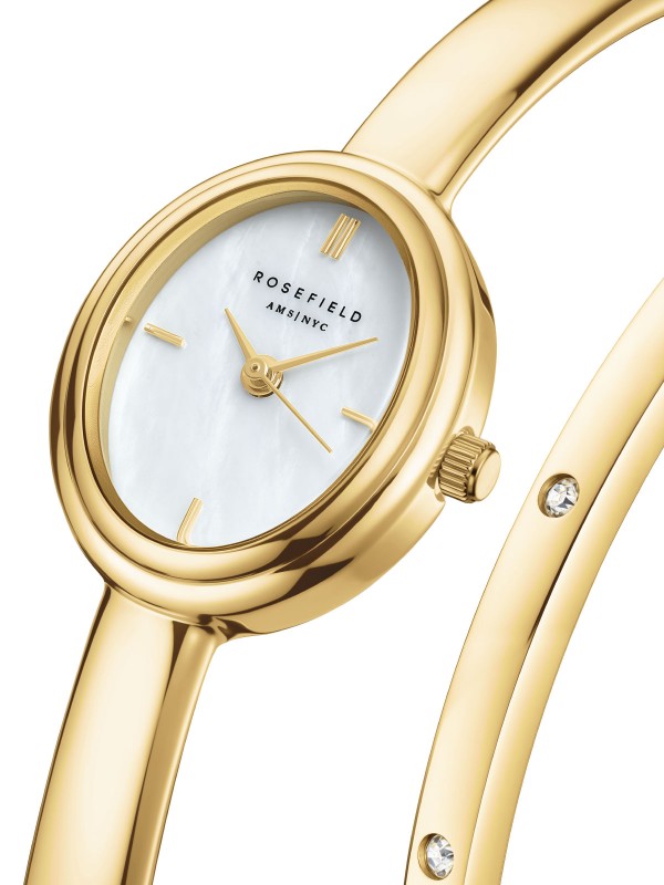 Rosefield ženska BOX SET narukvica u boji žutog zlata sa Swarovski kristalima i satom. Elegantan i sofisticiran komplet. Naruči online!