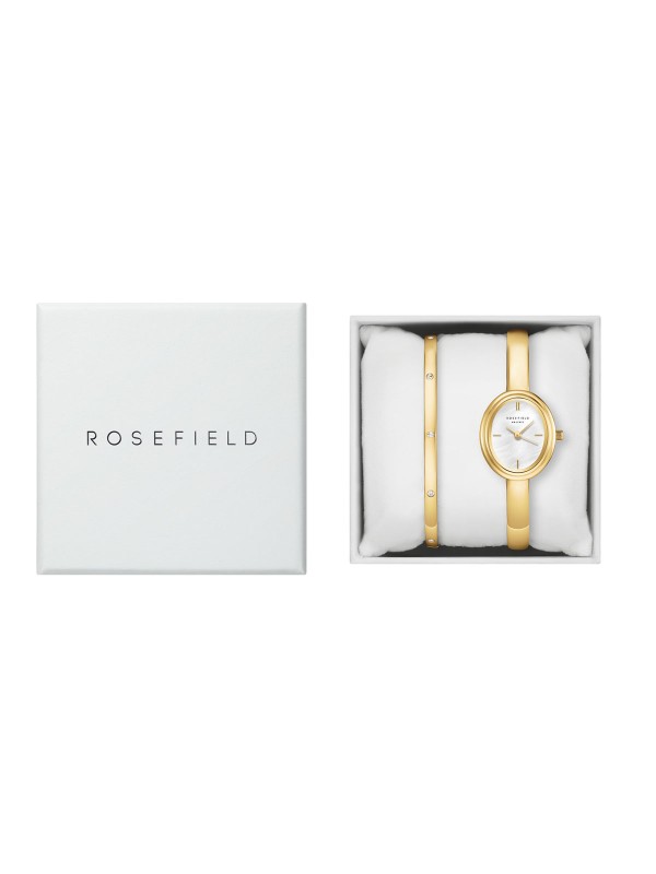 Rosefield ženska BOX SET narukvica u boji žutog zlata sa Swarovski kristalima i satom. Elegantan i sofisticiran komplet. Naruči online!