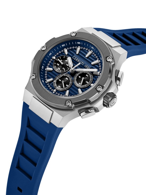 Cerruti 1881 Lucardo. Sportski sat sa teget brojčanikom i narukvicom. Srebrno kućište, gunmetal korona i 100m vodootpornost.