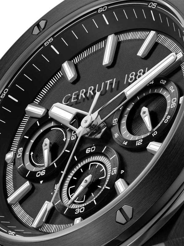 Cerruti 1881 Ruscello. Crni sportski sat sa industrijskim zavrtnjima. Crna silikonska narukvica koja diše i 100m vodootpornost.