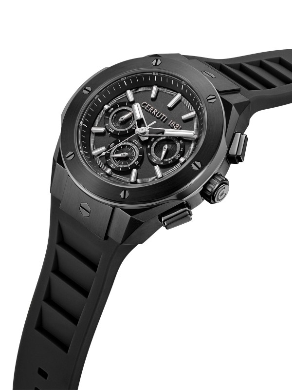 Cerruti 1881 Ruscello. Crni sportski sat sa industrijskim zavrtnjima. Crna silikonska narukvica koja diše i 100m vodootpornost.