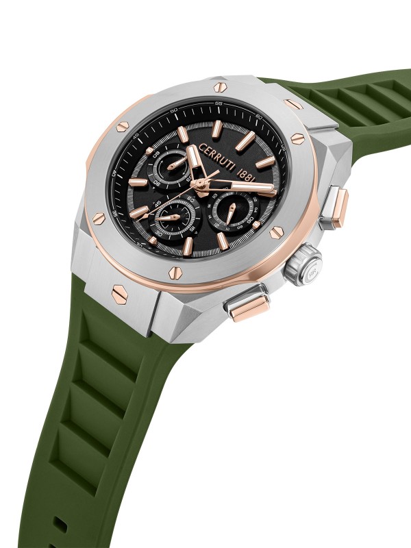 Cerruti 1881 Ruscello. Srebrni sat sa detaljima u boji roze zlata. Zelena silikonska narukvica i 100m vodootpornost.