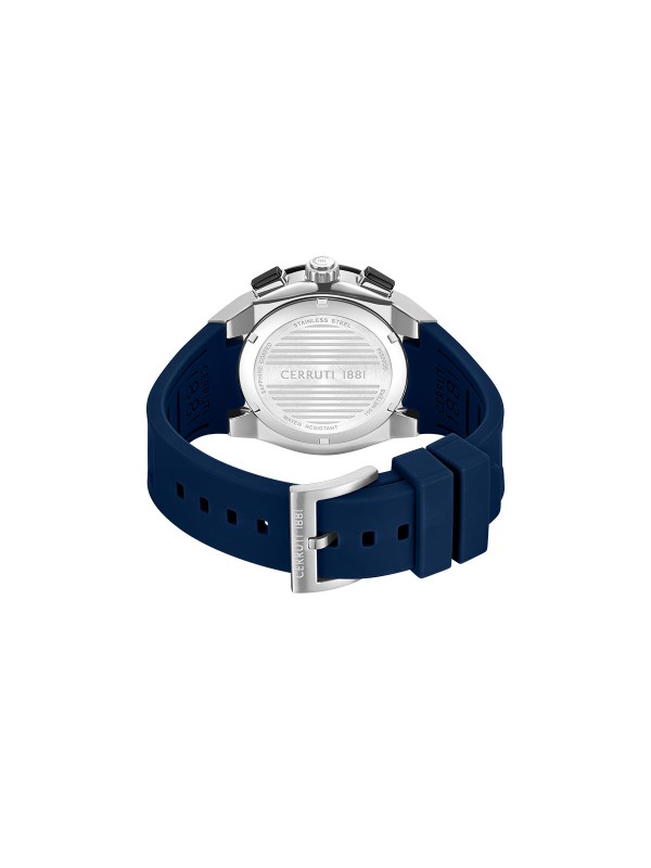 Cerruti 1881 Ruscello. Sportski sat srebrnog tona sa teget narukvicom. Industrijski dizajn, safirni premaz i 100m vodootpornost.