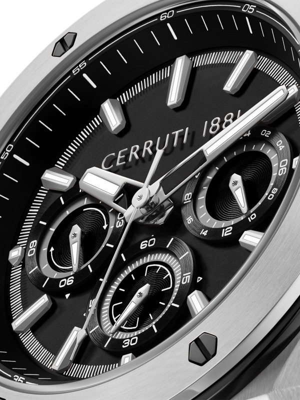 Cerruti 1881 Ruscello. Srebrni sportski sat sa industrijskim zavrtnjima. Crna narukvica koja diše i 100m vodootpornost.