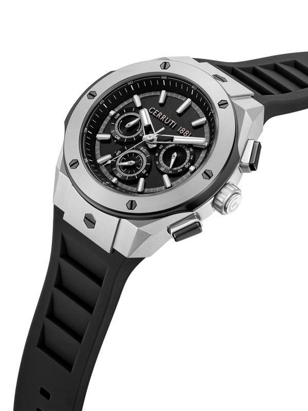 Cerruti 1881 Ruscello. Srebrni sportski sat sa industrijskim zavrtnjima. Crna narukvica koja diše i 100m vodootpornost.