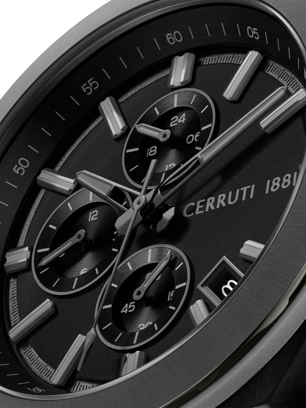 Cerruti 1881 Ruscello. Potpuno crni sportski sat (48mm). Vodootpornost 100m, crni brojčanik i crna silikonska narukvica.