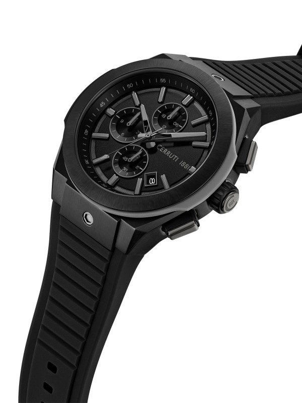 Cerruti 1881 Ruscello. Potpuno crni sportski sat (48mm). Vodootpornost 100m, crni brojčanik i crna silikonska narukvica.