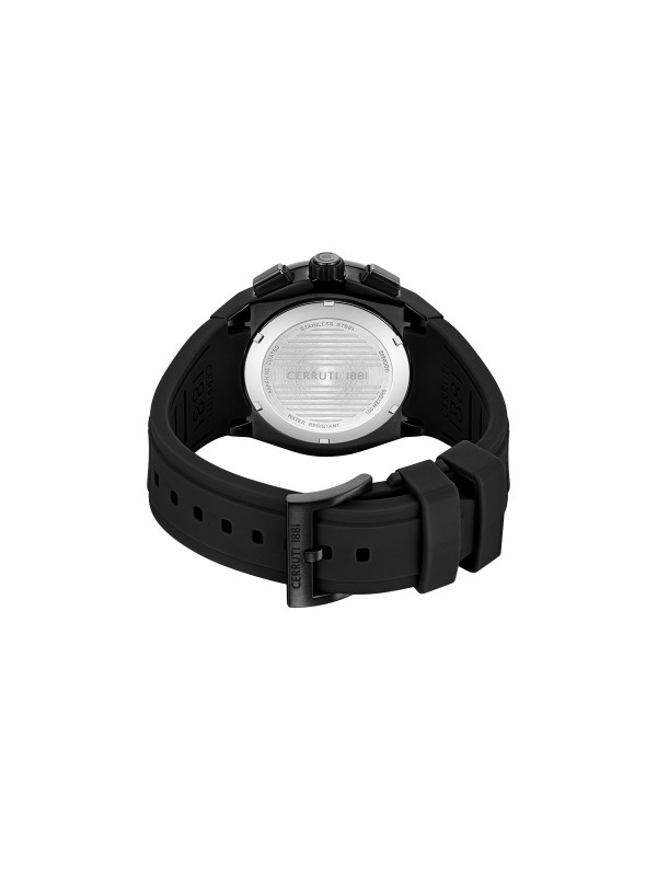 Cerruti 1881 Ruscello. Potpuno crni sportski sat (48mm). Vodootpornost 100m, crni brojčanik i crna silikonska narukvica.