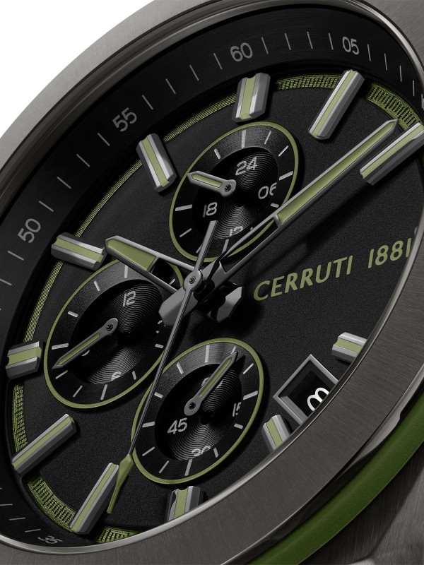 Cerruti 1881 Ruscello. Veliki sportski sat (48mm) gunmetal boje. Maslinasto zelena narukvica i vodootpornost 100m.
