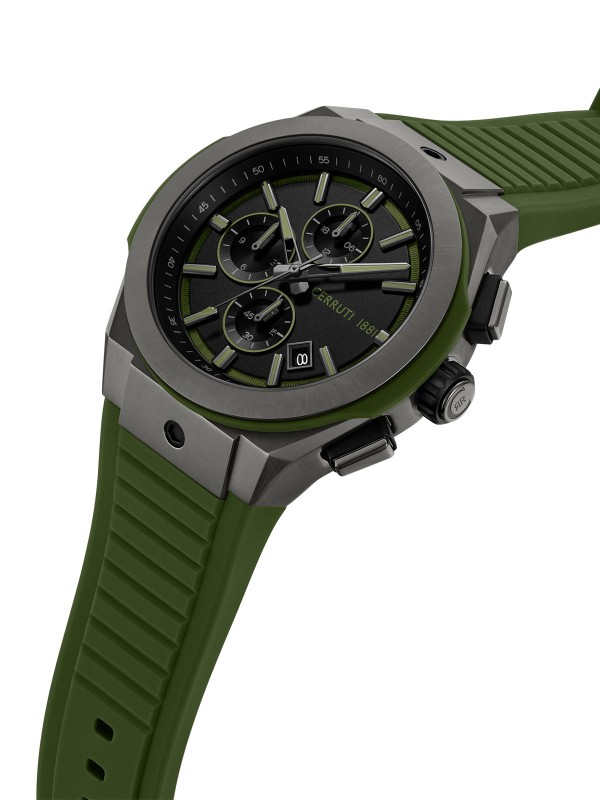Cerruti 1881 Ruscello. Veliki sportski sat (48mm) gunmetal boje. Maslinasto zelena narukvica i vodootpornost 100m.