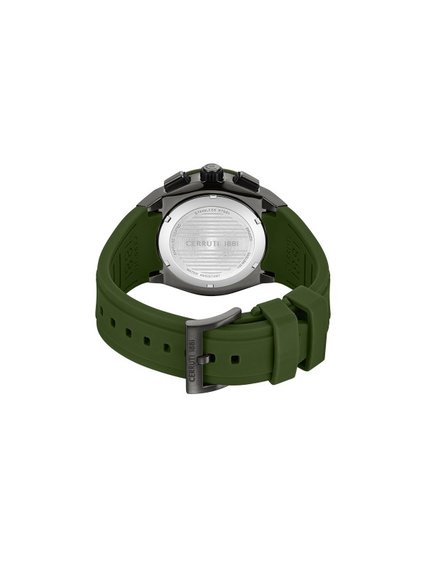 Cerruti 1881 Ruscello. Veliki sportski sat (48mm) gunmetal boje. Maslinasto zelena narukvica i vodootpornost 100m.
