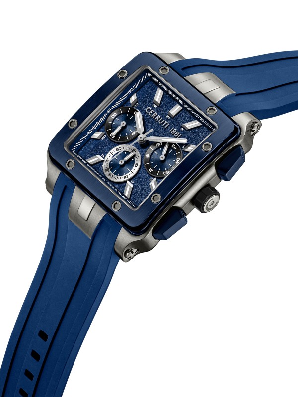 Cerruti 1881 Odissea Master. Crni čelični sat sa teget detaljima. Kvadratno kućište, industrijski zavrtnji i teget silikonska narukvica.