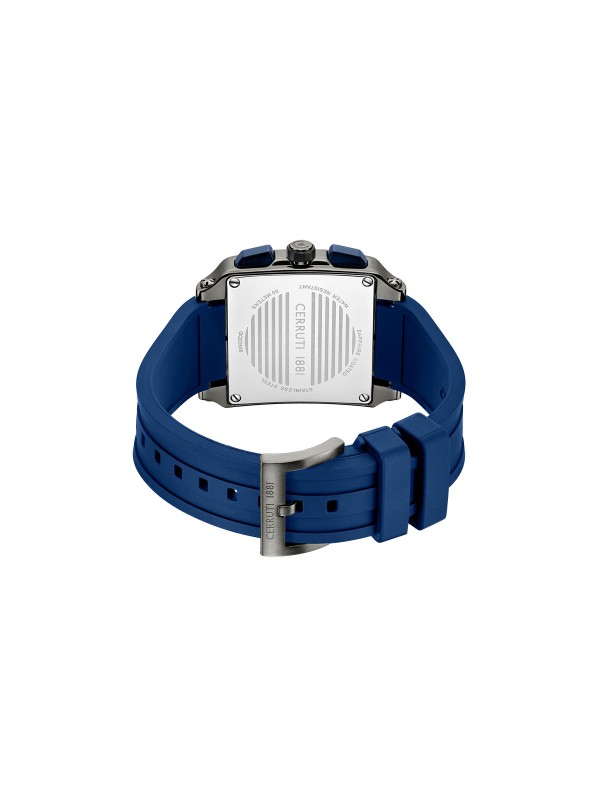 Cerruti 1881 Odissea Master. Crni čelični sat sa teget detaljima. Kvadratno kućište, industrijski zavrtnji i teget silikonska narukvica.