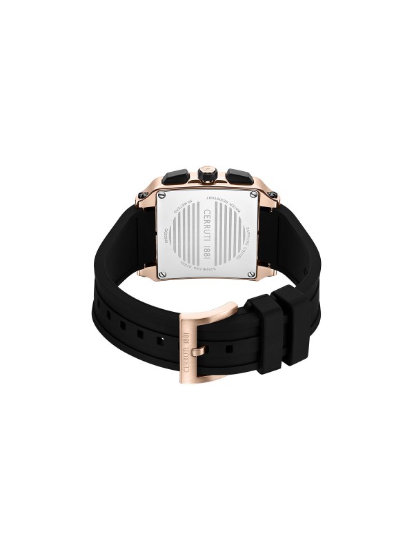 Cerruti 1881 Odissea Master. Kvadratni sat u boji roze zlata sa crnom koronom. Industrijski dizajn i multifunkcionalni mehanizam.