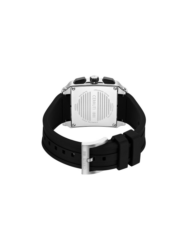 Cerruti 1881 Odissea Master. Robustan multifunkcionalni sat srebrnog tona sa industrijskim zavrtnjima. Crni brojčanik i silikonska narukvica.
