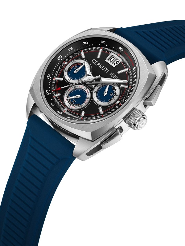 Cerruti 1881 Cuneo. Srebrni kvadratni hronograf sa plavom silikonskom narukvicom. Crni brojčanik sa plavim detaljima. Urban stil.