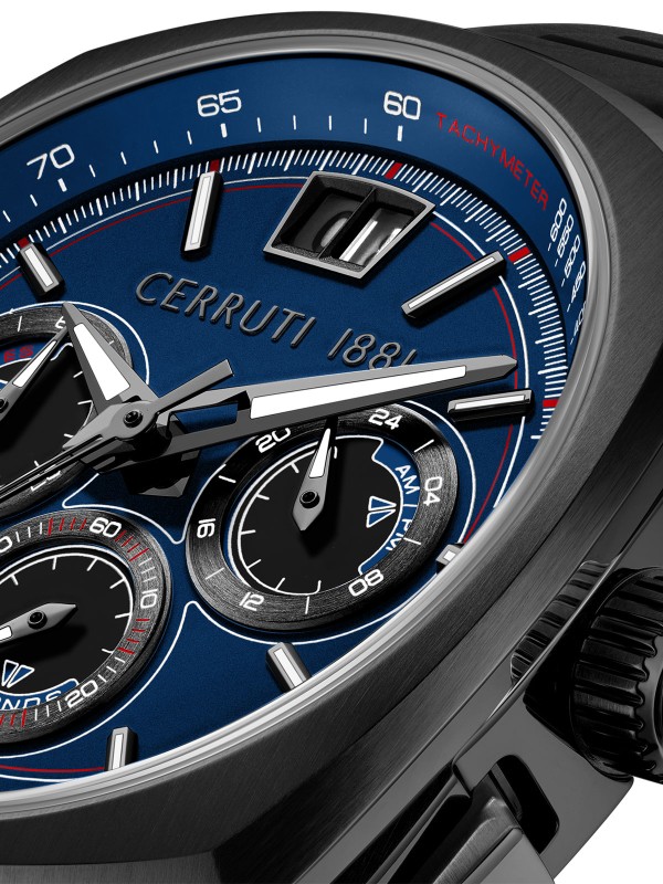 Cerruti 1881 Cuneo. Crni kvadratni hronograf sa plavim brojčanikom. Upečatljiv moderan dizajn sa datumom na 12h i silikonskom narukvicom.