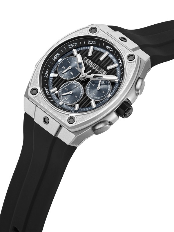Cerruti 1881 Cavedago. Muški hronograf industrijskog dizajna. Crni mat brojčanik, gunmetal detalji i udobna silikonska narukvica.