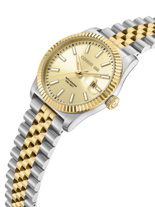 Cerruti 1881 Chienti. Elegantan dvobojni sat sa detaljima u boji žutog zlata. Zlatni sunray brojčanik, datum i safirni premaz.