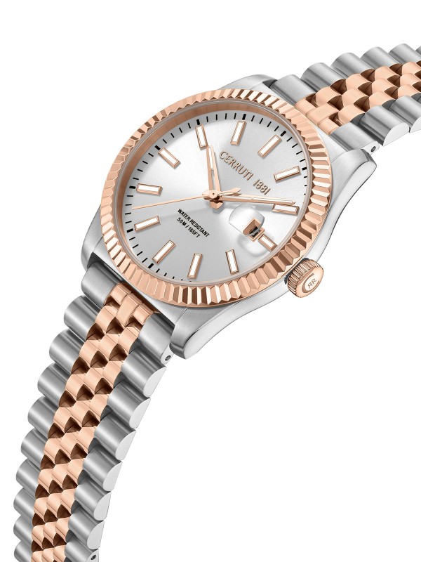 Cerruti 1881 Chienti. Dvobojni muški sat (srebro/roze zlato) sa reckavom koronom. Srebrni brojčanik, datum i safirni premaz.