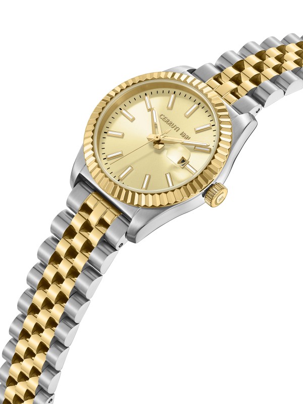 Cerruti 1881 Chienti. Elegantan dvobojni sat (srebro/žuto zlato) sa šampanj sunray brojčanikom. Poseduje datum sa lupom i prepoznatljivu izrezbarenu koronu.