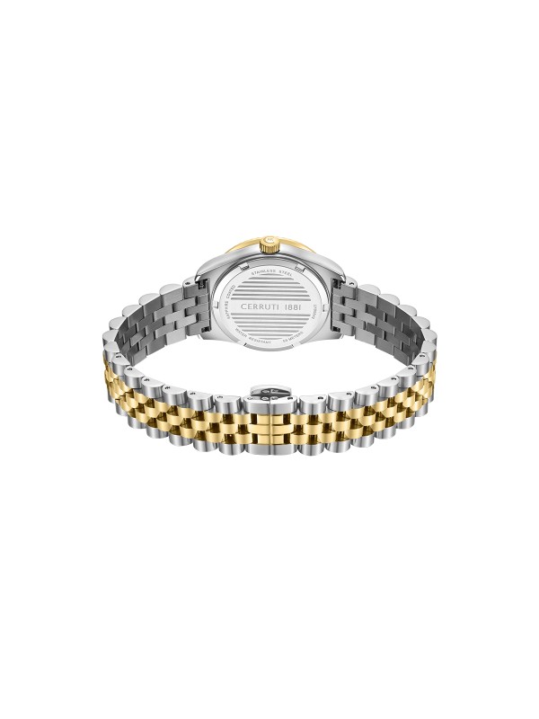 Cerruti 1881 Chienti. Elegantan dvobojni sat (srebro/žuto zlato) sa šampanj sunray brojčanikom. Poseduje datum sa lupom i prepoznatljivu izrezbarenu koronu.