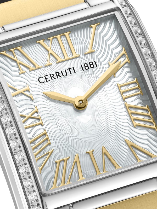 Cerruti 1881 Rendena. Dvobojni sat (srebro/žuto zlato) pravougaonog oblika. Beli sedefni brojčanik i kristali na kućištu za prefinjen stil. Vodootporan 50m.