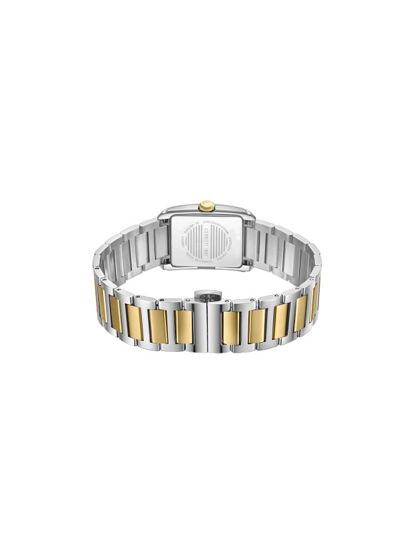 Cerruti 1881 Rendena. Dvobojni sat (srebro/žuto zlato) pravougaonog oblika. Beli sedefni brojčanik i kristali na kućištu za prefinjen stil. Vodootporan 50m.