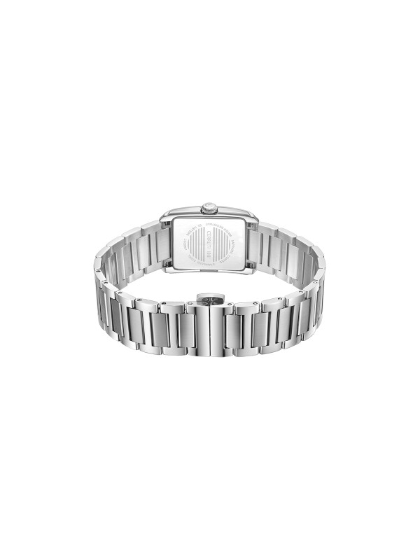 Cerruti 1881 Rendena. Elegantan pravougaoni sat u srebrnom tonu sa kristalima. Sedefni brojčanik i rimski brojevi za ultra-ženstveni stil. Vodootporan 50m.