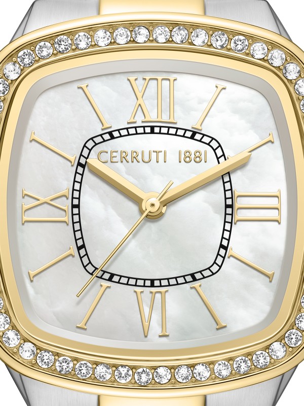 Cerruti 1881 Casale. Dvobojni sat (srebro/žuto zlato) sa cirkonima. Beli sedefni brojčanik i rimski brojevi pružaju klasičnu eleganciju. Safirni premaz.
