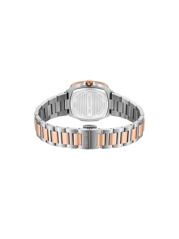 Cerruti 1881 Casale. Upečatljiv ženski sat sa koronom u boji roze zlata i cirkonima. Beli sedefni brojčanik krase elegantni rimski brojevi. Safirni premaz.