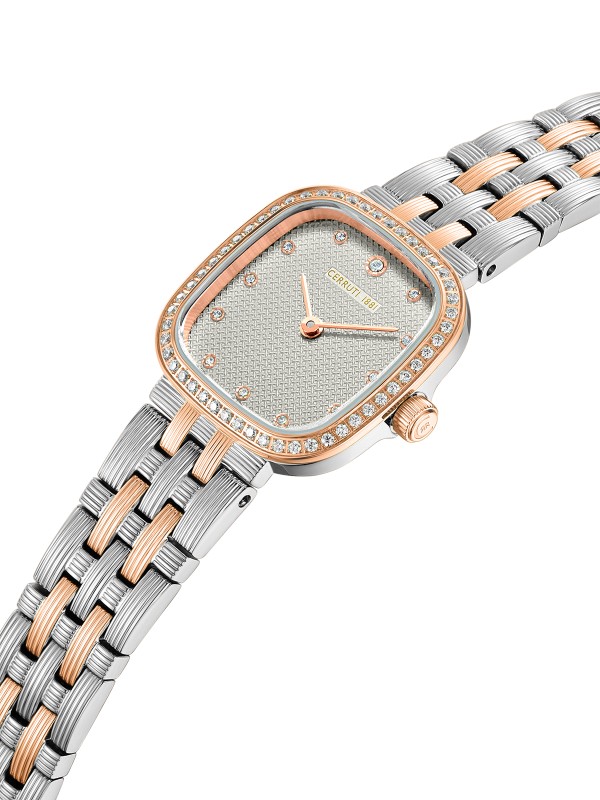 Cerruti 1881 Mira. Elegantan dvobojni sat (srebro/roze zlato) kvadratnog oblika sa cirkonima. Srebrni sedefni brojčanik i safirni premaz za sofisticiran stil.