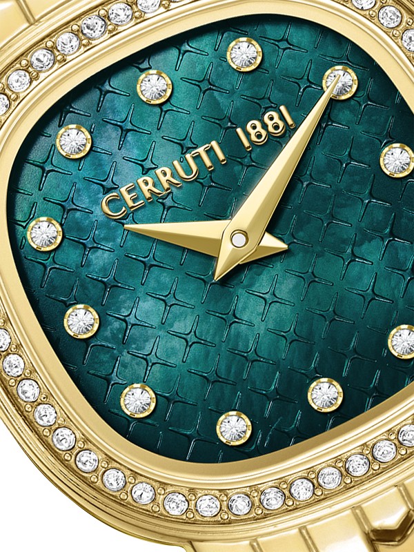 Cerruti 1881 Gresta. Ženski sat u boji žutog zlata sa cirkonima. Jedinstven zeleni sedefni brojčanik pruža luksuzan izgled. Mineralno staklo sa safirnim premazom.
